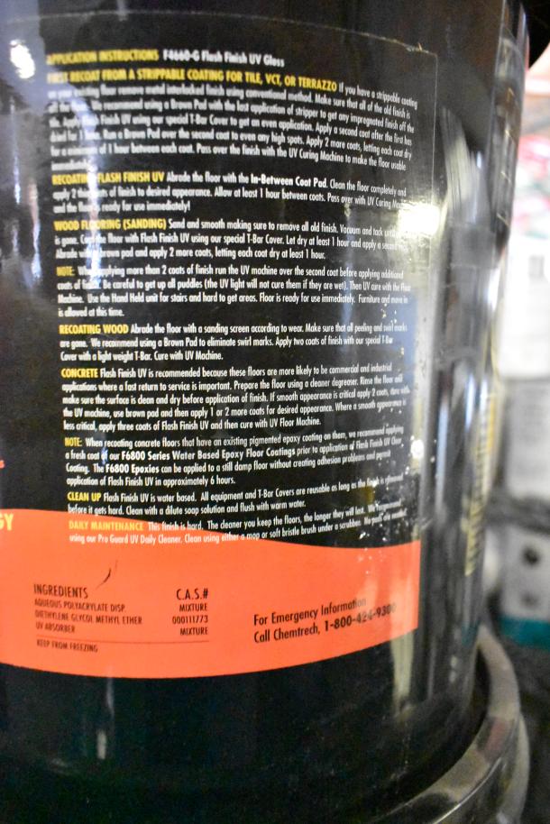 21 Pro Guard Chemicals, including 5-gallon Flash Finish UV Clear Gloss. Detailed instructions and ingredient list visible.