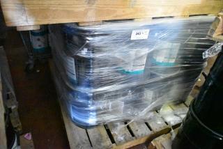 24 Pro Guard chemical containers with 5-gallon 9101 Moisture Cure Liquid Rubber on pallet, wrapped in plastic. Label: "243, Qty 24".