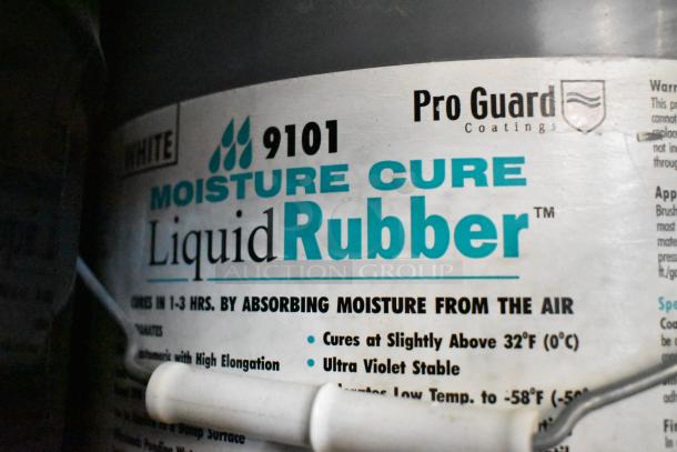 Container of Pro Guard 9101 Moisture Cure Liquid Rubber, 5-gallon size, labeled for moisture absorption and UV stability.