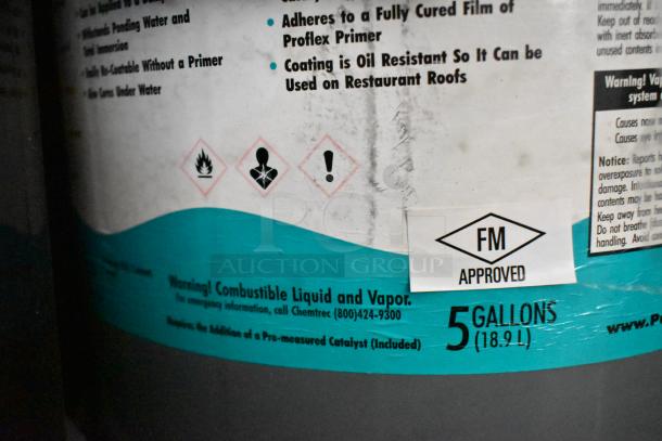 Five-gallon Pro Guard Moisture Cure Liquid Rubber with safety markings. FM approved label visible. 24 units in lot.