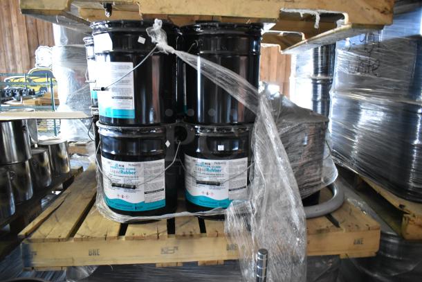 13 Pro Guard chemicals, including four 9118 gray moisture cure liquid rubber gallons, stacked on a pallet.