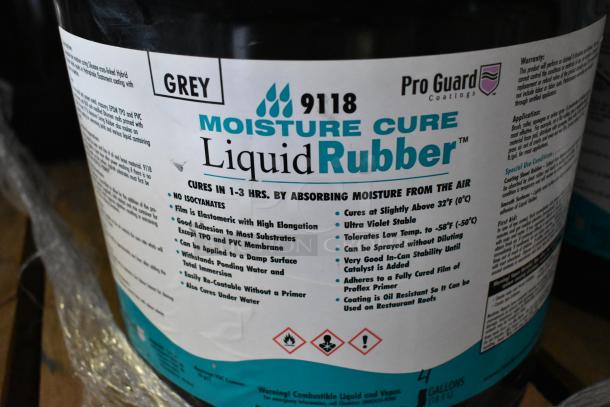 Pro Guard 9118 Gray Moisture Cure Liquid Rubber, 4-gallon size, elastomeric coating, cures 1-3 hrs, auction for 13 units.