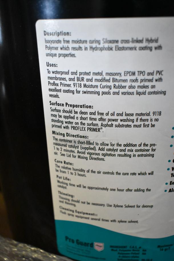 Pro Guard Chemicals lot featuring 13 items, including four 1-gallon 9118 Gray Moisture Cure Liquid Rubber for waterproofing.