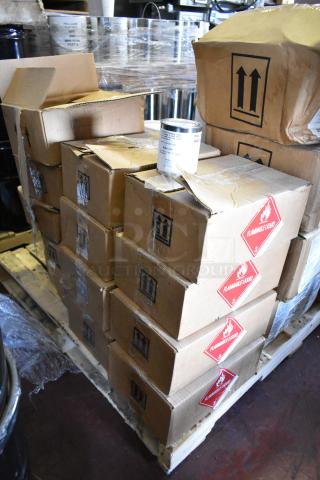 Boxes of Pro Guard Chemicals including 2407 Part C Epoxy on a pallet, labeled flammable. 15 units available.