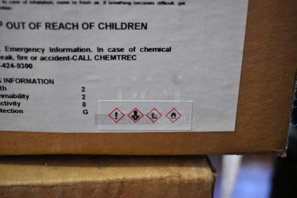 Box of 15 Pro Guard chemicals including 2407 Part C Epoxy, featuring hazard labels for safety information.