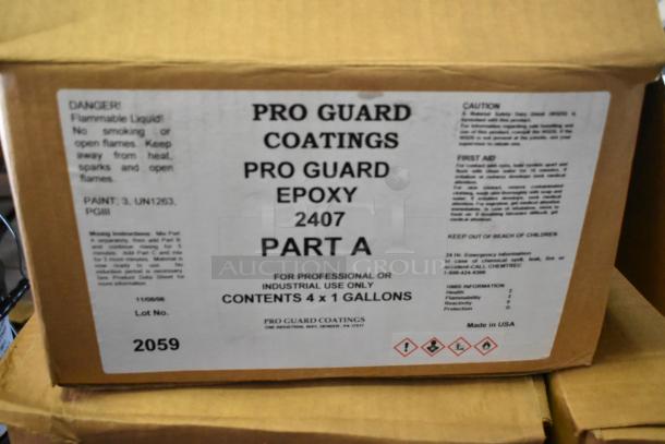Box of Pro Guard Coatings Epoxy 2407 Part A. Contains 4 x 1 gallon for industrial use. Clearly labeled with safety warnings.