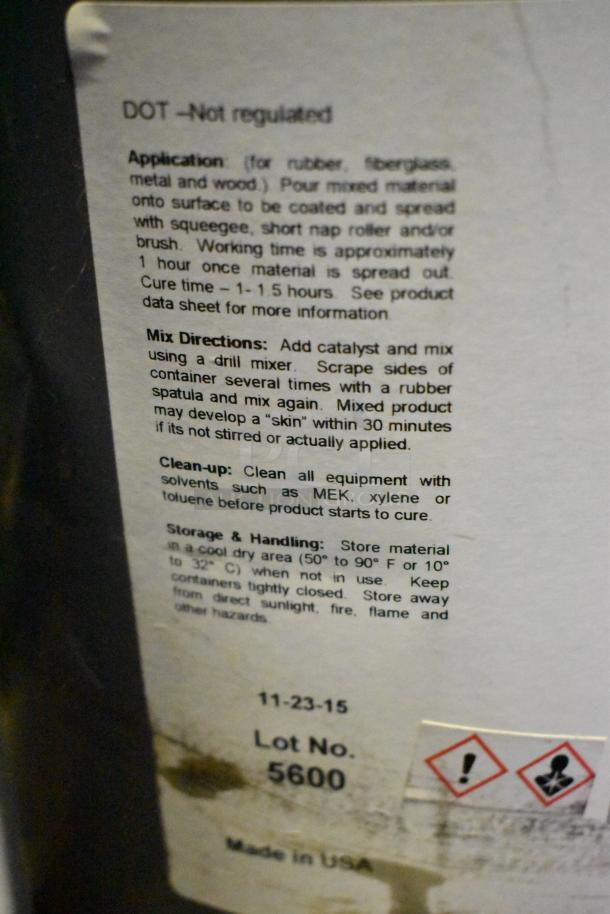 Alt text: "5-gallon Pro Guard 9108 Moisture Cure Dark Gray Liquid Rubber with application instructions label."