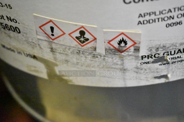 Pro Guard Chemicals, including 5-gallon 9108 Moisture Cure Dark Gray Liquid Rubber, with warning symbols visible on the label.