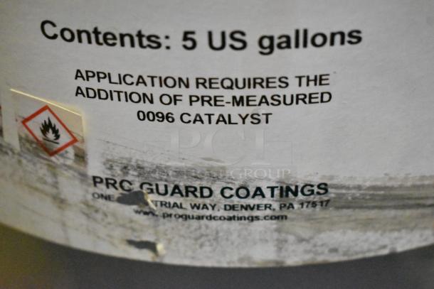 5-gallon Pro Guard 9108 Moisture Cure Dark Gray Liquid Rubber with caution label and catalyst requirement details.