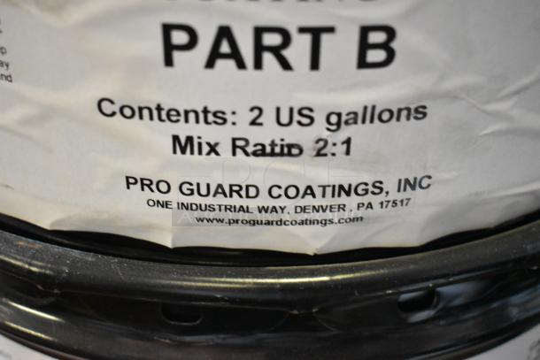 Pro Guard 2-gallon Poly Restoration Coating Part B; mix ratio 2:1; label reads Pro Guard Coatings, Denver, PA.