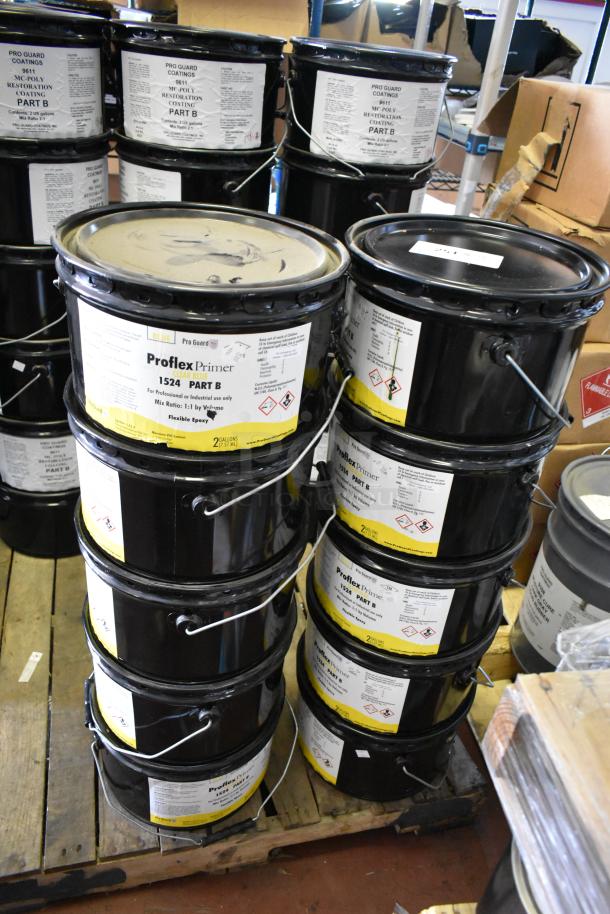 Ten Pro Guard chemical buckets, including 2-gallon size 1524 Clear Blue Proflex Primer Part B, stacked on a pallet.