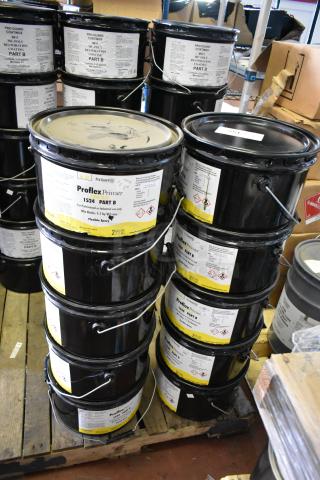 Ten Pro Guard chemical buckets, including 2-gallon size 1524 Clear Blue Proflex Primer Part B, stacked on a pallet.
