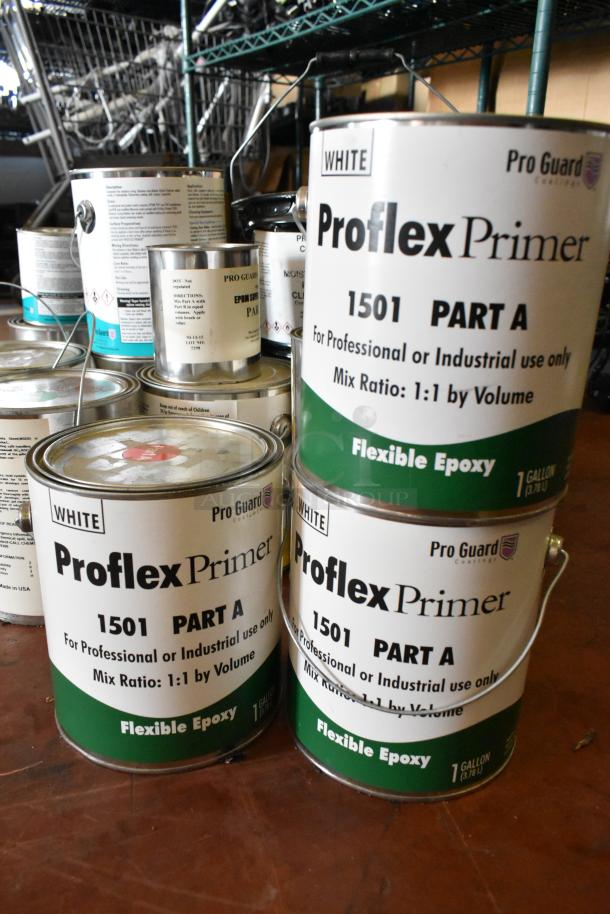 18 Pro Guard chemical cans, including Proflex Primer 1501 Part A, EPDM Super Pipe Seal, moisture cure primers, liquid rubbers.