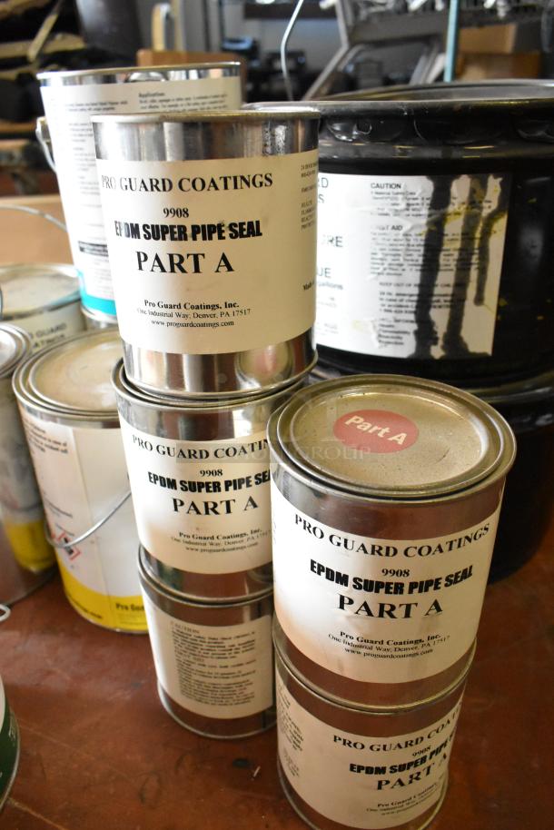18 cans of Pro Guard Chemicals, including EPDM Super Pipe Seal Part A, on display. Various labels visible.