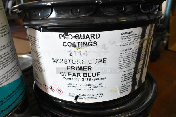 Pro Guard Coatings 2114 Moisture Cure Primer Clear Blue, 2-gallon container. Label shows safety and application details.