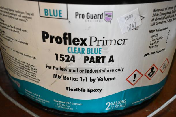 Pro Guard Proflex Primer 1524 Part A, Clear Blue Flexible Epoxy, 2 gallons. Label indicates professional use, mix 1:1.