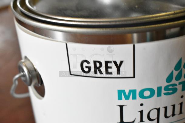 Close-up of a paint can labeled "GREY Moisture Liquid," part of the Pro Guard Chemicals auction bundle.