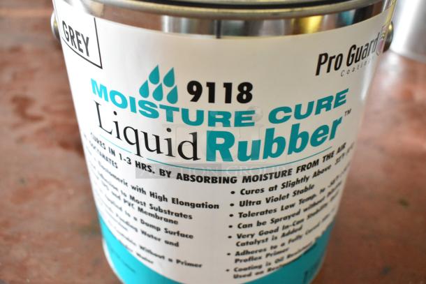 Pro Guard 9118 Moisture Cure Gray Liquid Rubber can. Label shows curing details and product features.