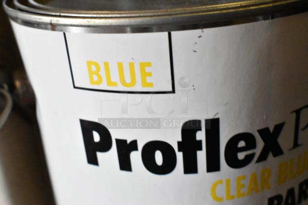 Close-up of Proflex Clear Blue label on a container of Part A Flexible Epoxy, highlighting "Blue" in yellow text.