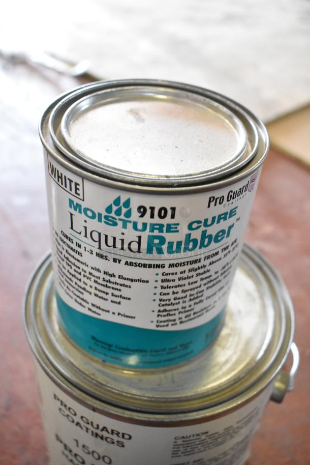 Pro Guard 9101 Moisture Cure Liquid Rubber can, white. Text mentions UV stability and waterproofing features.