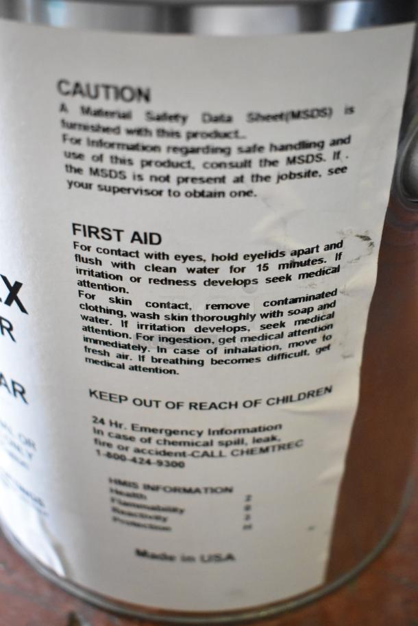 18 assorted Pro Guard chemicals, including epoxy and rubber sealants. Includes labels with safety instructions and first aid measures.