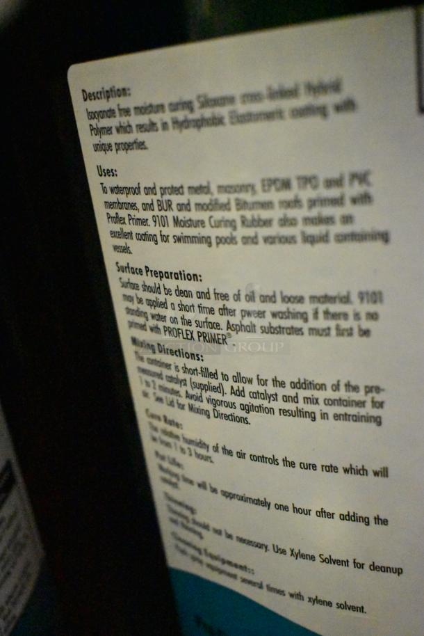 Label on Pro Guard Chemical container, detailing usage instructions and surface preparation for 9101 Moisture Cure Liquid Rubber.