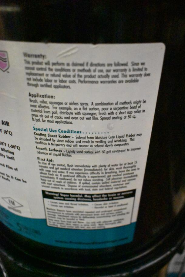 "24 various Pro Guard chemicals, featuring 5-gallon 9101 Moisture Cure Liquid Rubber, label detailing application and safety guidelines."