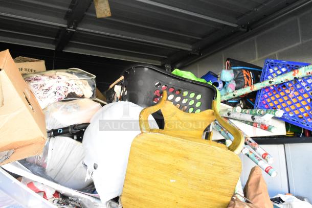 Storage unit contents include assorted items like a mini cooler, Sony TV, children's toys, baskets. Removal required in 7 days.