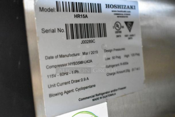 2019 Hoshizaki HR15A Ice Machine label showing model, serial number, 115V, 1 phase, and manufacture details.