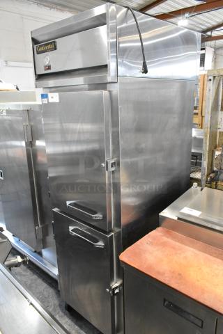 Continental 1R-SS-PT-HD stainless steel commercial cooler, 2 half-size doors, racks, on casters, 115V, excellent condition.