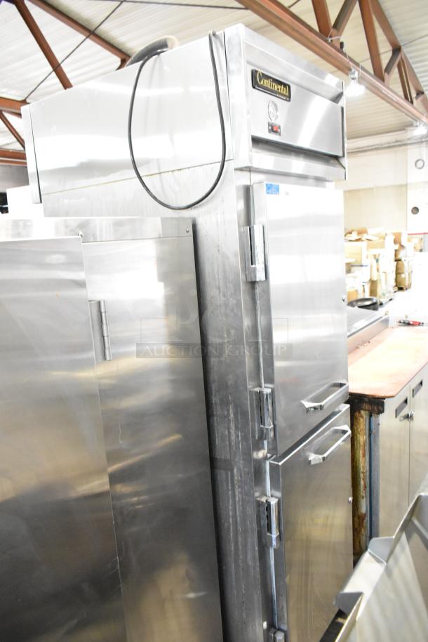 Continental 1R-SS-PT-HD stainless steel commercial cooler, 2 half-size doors, on casters, 115V, with racks, model label visible.