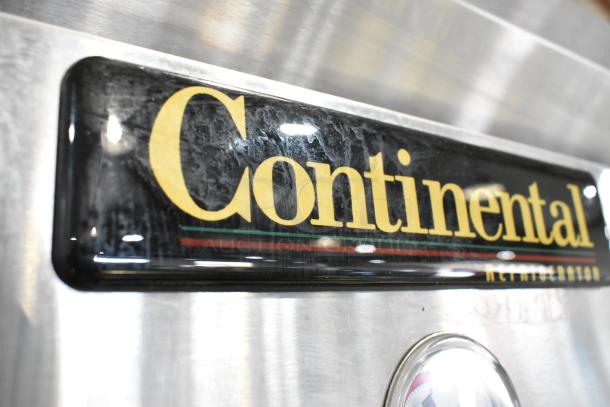 Continental 1R-SS-PT-HD stainless steel reach-in cooler, commercial grade, with racks, on casters. Logo visible.