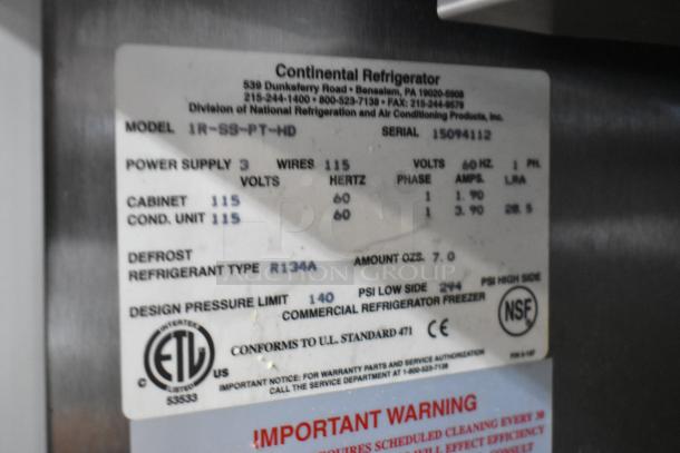 Continental 1R-SS-PT-HD stainless steel cooler label, showing model info, 115 volts, 1 phase, and defrost type R134A.