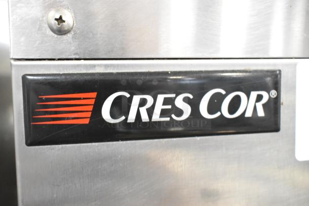 CresCor EB150 stainless steel heated holding cabinet, commercial casters, 120 volts, CresCor logo label visible.
