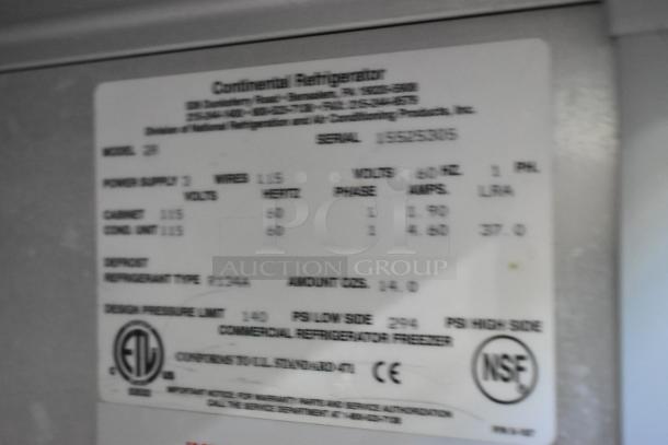 Continental 2R stainless steel commercial cooler label, indicating 115 volts, 1 phase power, model 2R. NSF certified.