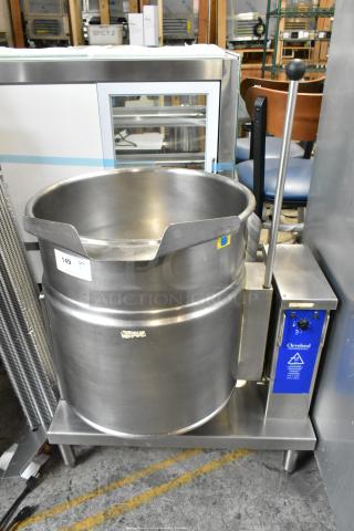 Cleveland KET 20T stainless steel 20-gallon steam kettle, excellent condition, visible control panel, and manufacturer's label.