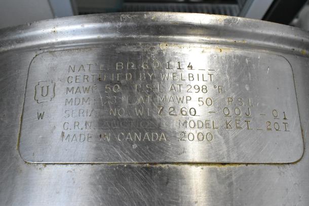 Cleveland KET 20T stainless steel commercial steam kettle, 20 gal, with certification and specifications etched on the side.