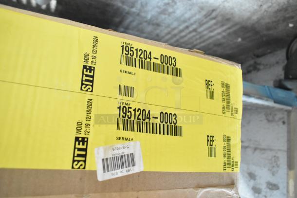 Box of four new metal legs for convection oven, model 1951204-0003. Yellow label with item details visible.