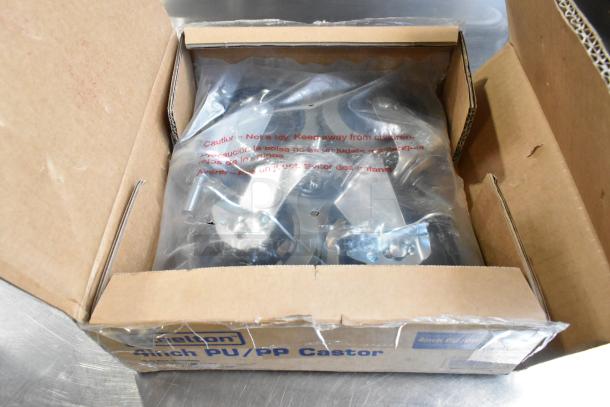 Box of 4 brand new Steelton 465CASTER4 commercial casters. Slight box damage. Casters in protective plastic, labeled "Caution: Not a toy."