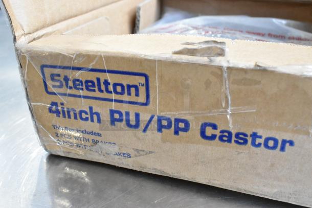 Box of 4 Steelton 465CASTER4 commercial casters, 4-inch PU/PP, new scratch and dent condition, includes 2 with brakes.