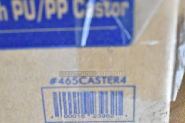 Box of 4 Steelton 465CASTER4 commercial casters, brand new with scratch and dent. Label shows product number and barcode.