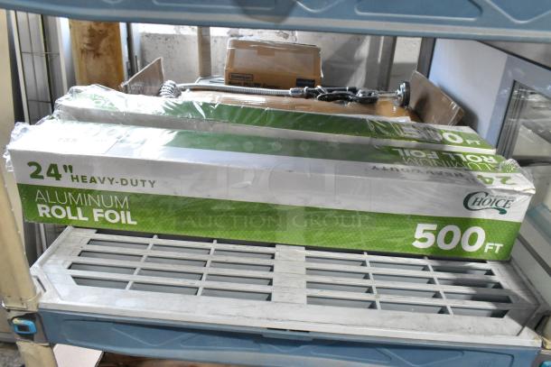 2 new Choice 24"x500' heavy-duty aluminum foil rolls in original packaging with slight packaging wear, model 12224X5HD.