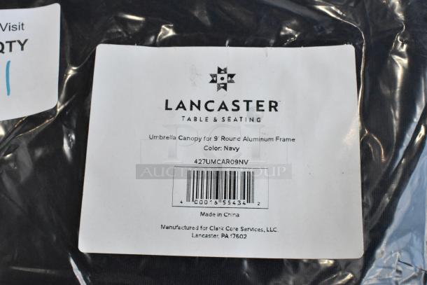 Brand new Lancaster Table & Seating navy umbrella canopy for 9' round aluminum frame. Model 427UMCAR09NV. Made in China.