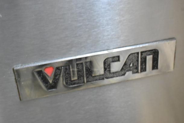 Vulcan 1GR45M stainless steel deep fryer on casters, 120,000 BTU, with side splash guard. Natural gas, commercial-grade.