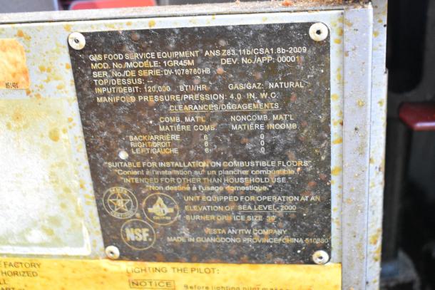 Vulcan 1GR45M fryer label detail showing model, BTU, natural gas use, clearances, and installation suitability.