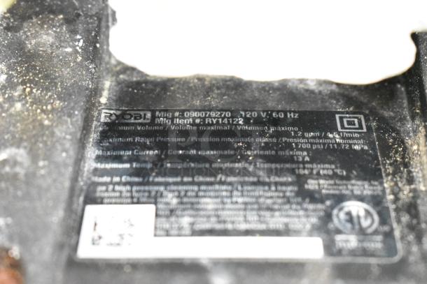 Ryobi 1700 PSI 1.2 GPM Electric Pressure Washer label showing model RY14122, 120V, and specifications.