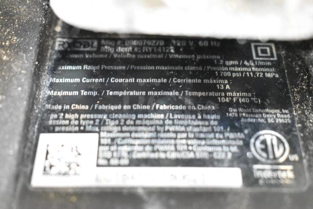 Label of Ryobi 1700 PSI 1.2 GPM Electric Pressure Washer. Shows specs: 120V, 13A, max temp 104°F, made in China.