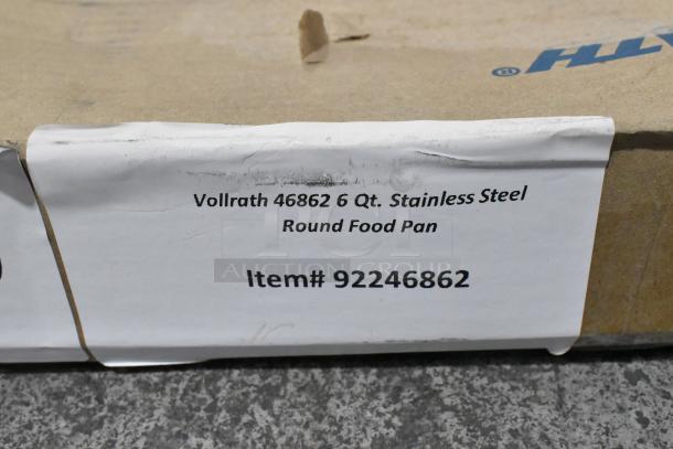 BRAND NEW SCRATCH AND DENT Vollrath 92246862 6 Qt. stainless steel round food pan in original packaging, item label visible.