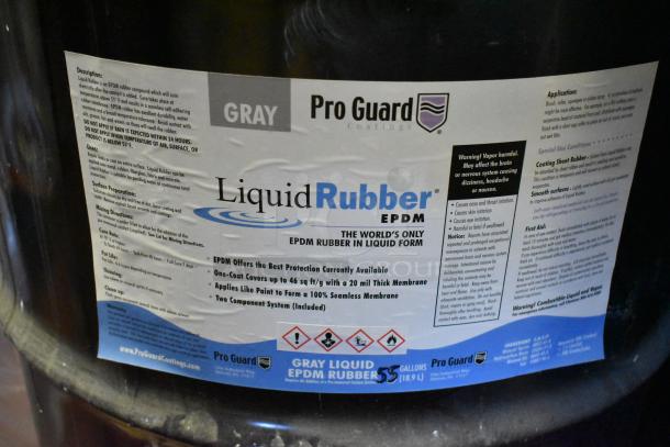 Pro Guard Gray Liquid Rubber barrel, EPDM, 55 gallons. Label highlights its use, durability, and safety warnings.