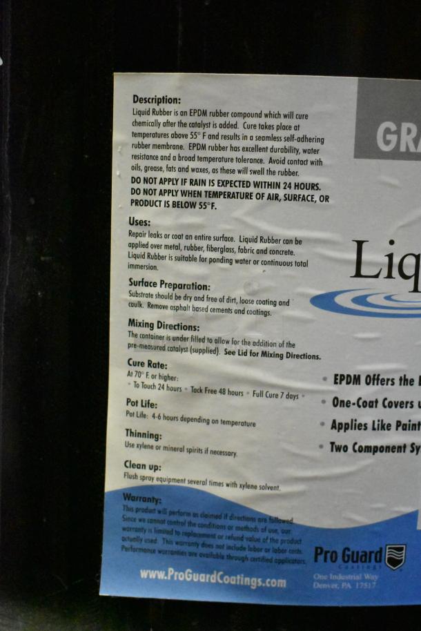 Four Pro Guard gray liquid rubber barrels, 55 gallons each. EPDM rubber compound, durable, cures above 55°F. Suitable for waterproofing.
